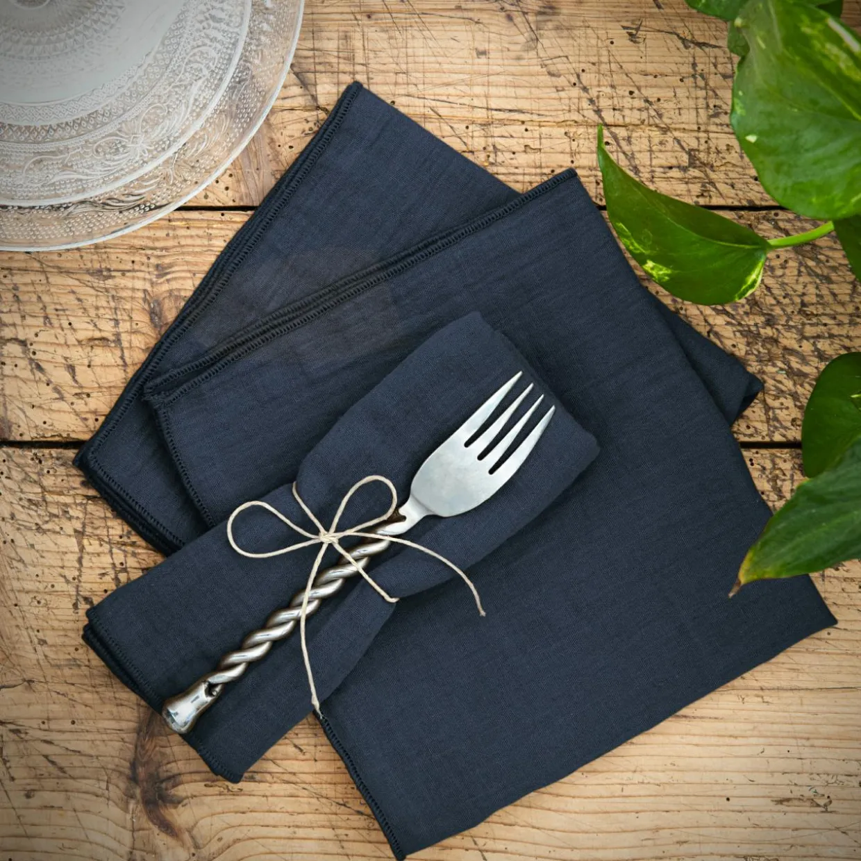 Lot de 3 serviettes gaze de coton (40 x 40 cm) Gaïa Bleu nuit