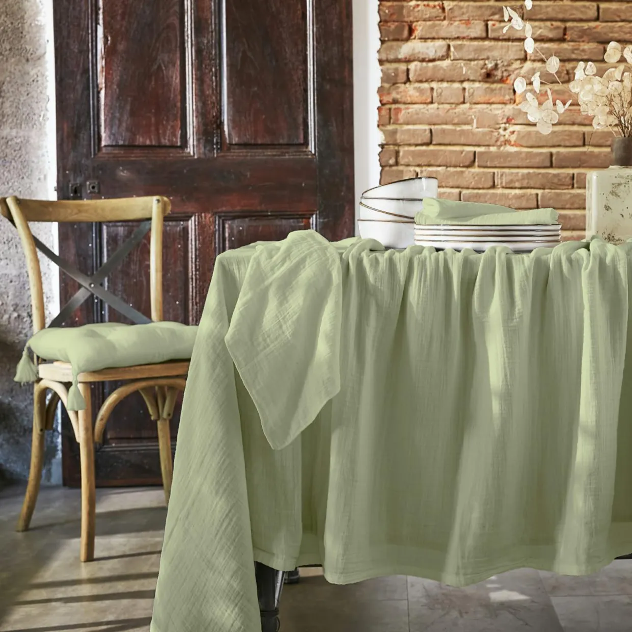 Lot de 3 serviettes gaze de coton (40 x 40 cm) Gaïa Vert tilleul