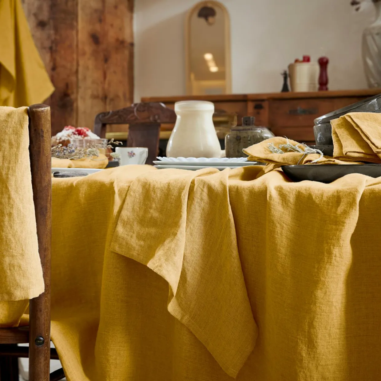 Lot de 3 serviettes lin lavé (40 x 40 cm) Louise Jaune moutarde