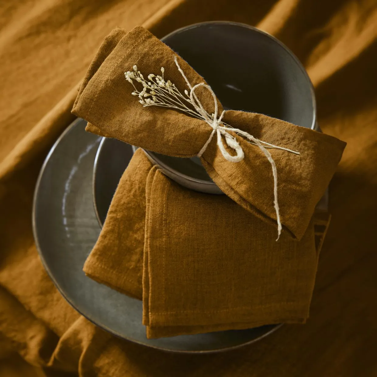 Lot de 3 serviettes lin lavé (40 x 40 cm) Louise Caramel