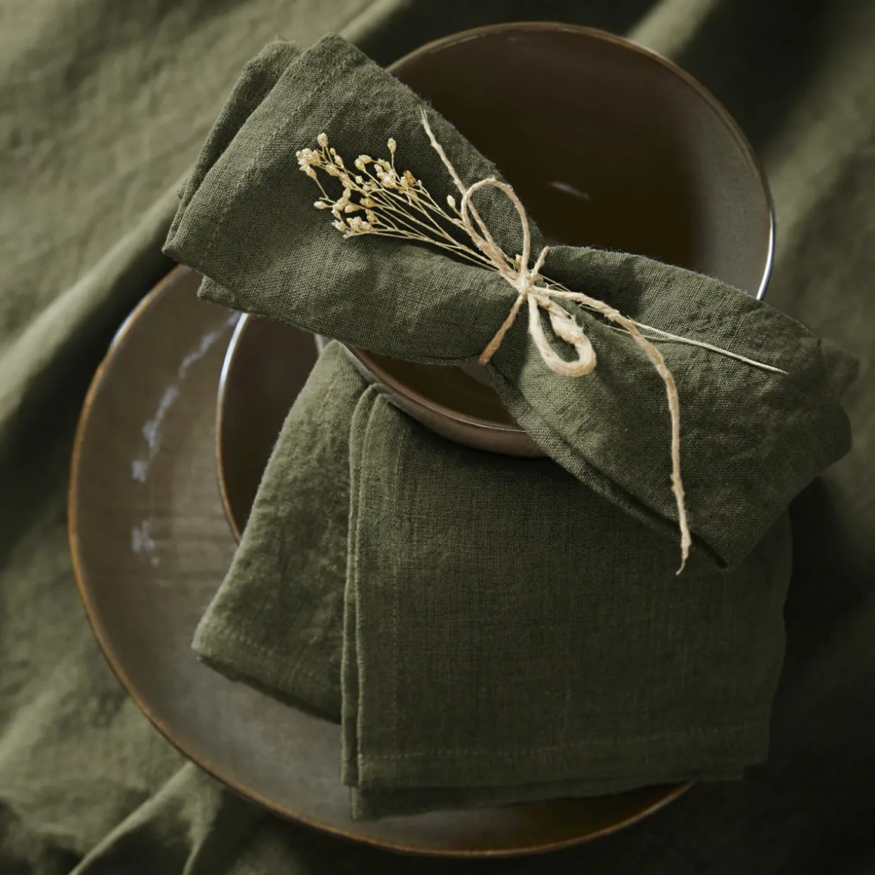 Lot de 3 serviettes lin lavé (40 x 40 cm) Louise Vert romarin