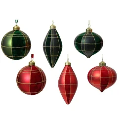 Lot de 12 suspensions de Noël en verre (D80 mm) Velours Rouge et vert
