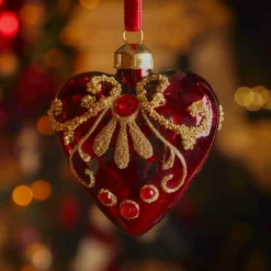 Lot de 2 suspensions de Noël en verre (H8 cm) Coeurs précieux Bordeaux pailleté or