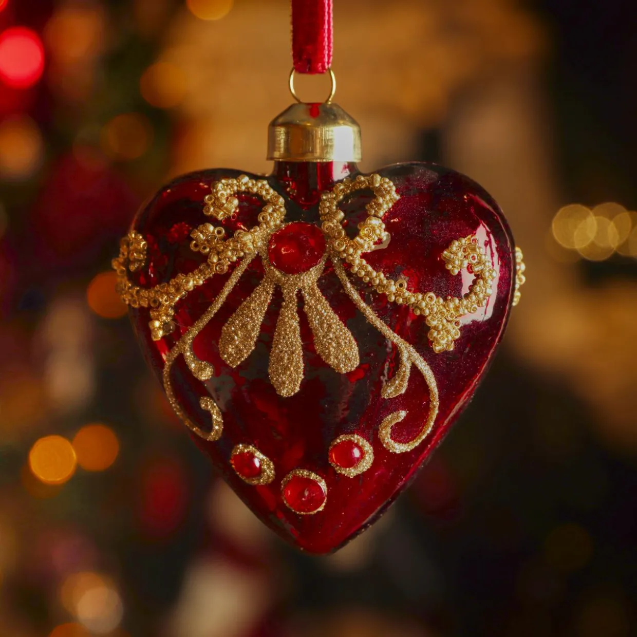 Lot de 2 suspensions de Noël en verre (H8 cm) Coeurs précieux Bordeaux pailleté or