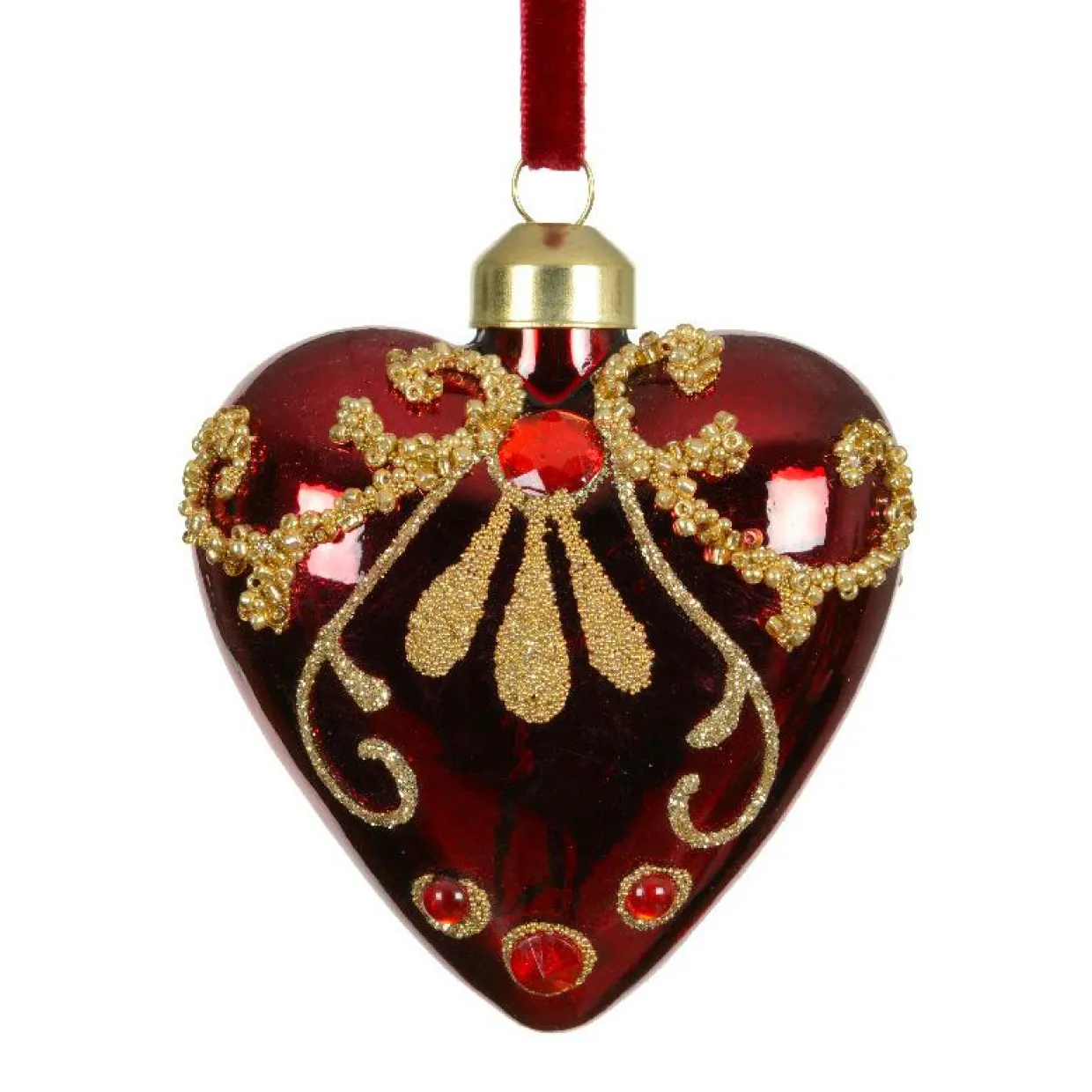 Lot de 2 suspensions de Noël en verre (H8 cm) Coeurs précieux Bordeaux pailleté or