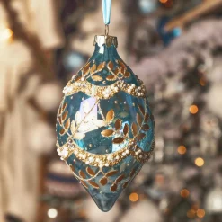 Lot de 2 suspensions de Noël en verre (H14 cm) Feuillages d'hiver Bleu