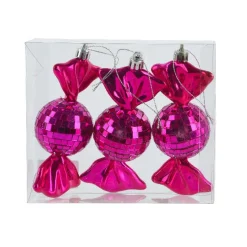 Lot de 3 Suspensions de Noël en Mousse (H12 cm) Bonbons Disco Rose fushia