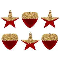Lot de 6 suspensions (H15 cm) Cœurs et étoiles paillettes Rouge et Or
