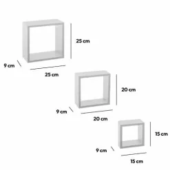 Lot de 3 étagères bois (H15-20-25 cm) Cube Blanc