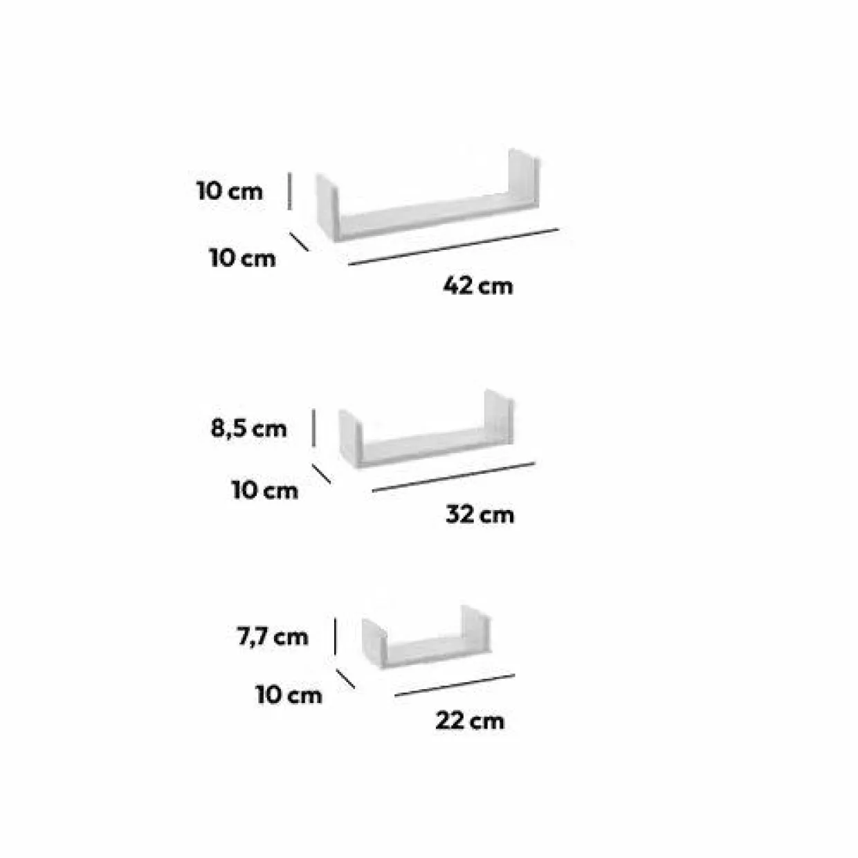 Lot de 3 étagères murales en bois (L22-32-42 cm) Bord Blanc