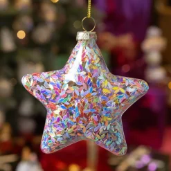 Lot de 12 étoiles de Noël en verre (D90 mm) Paillettes festives Multicolores