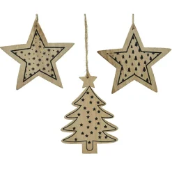 Lot de 3 étoiles et sapins à suspendre (H12 cm) Bois Naturel
