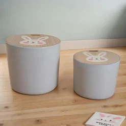 Lots de 2 poufs de rangement gigognes enfant bois (H31 et 24 cm) Lapin Gris