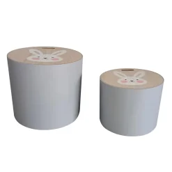 Lots de 2 poufs de rangement gigognes enfant bois (H31 et 24 cm) Lapin Gris