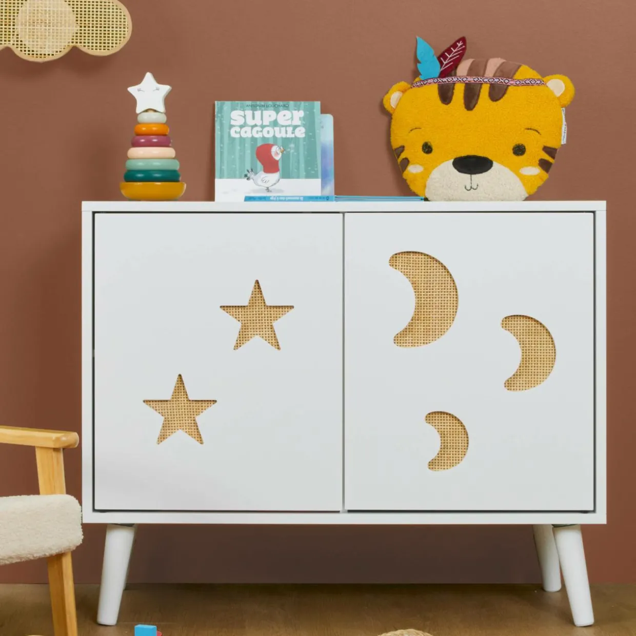 Meuble de rangement enfant bois 2 portes (H65 cm) Stars Blanc