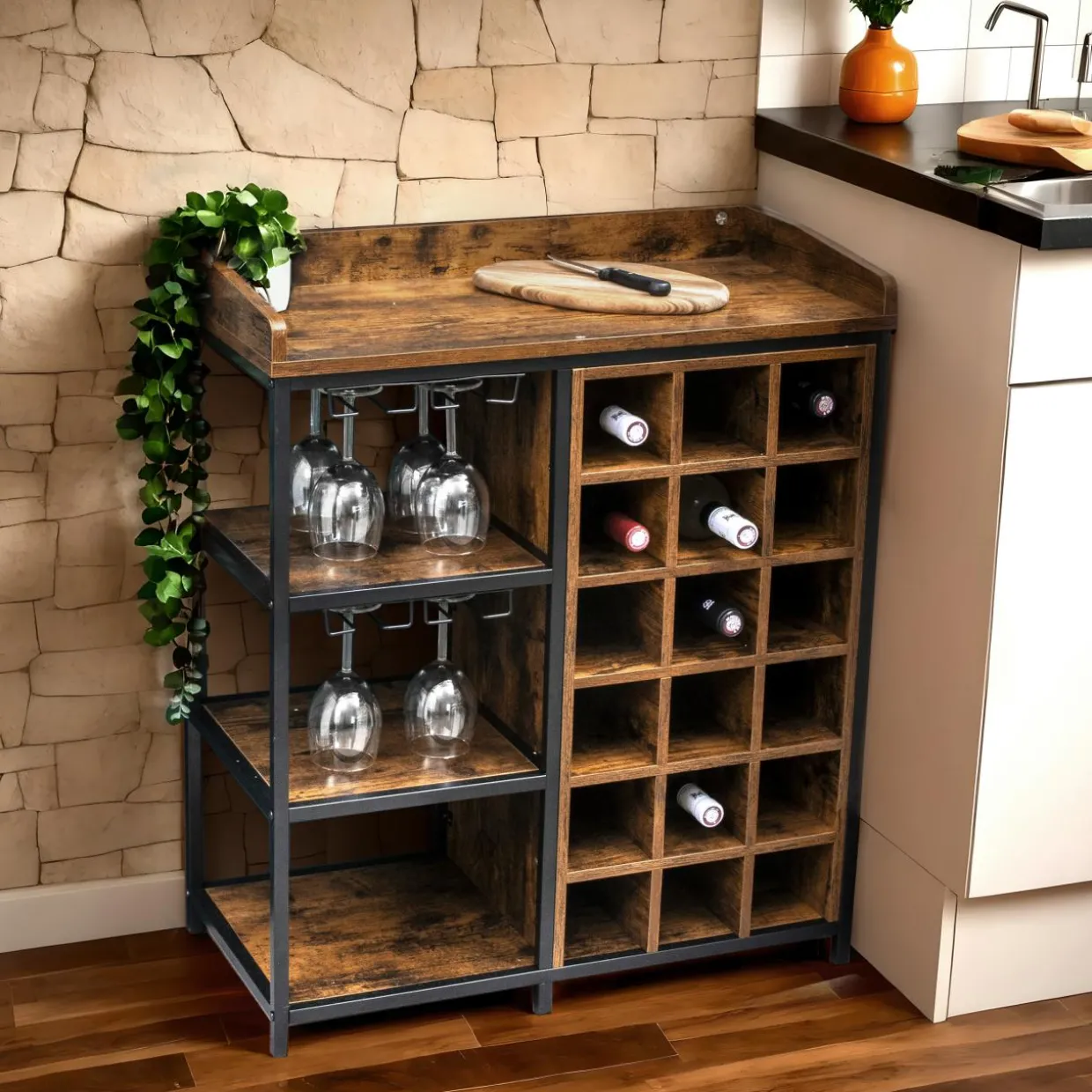 Meuble range-bouteilles industriel 18 emplacements et porte-verres (H82 cm) Paul Marron