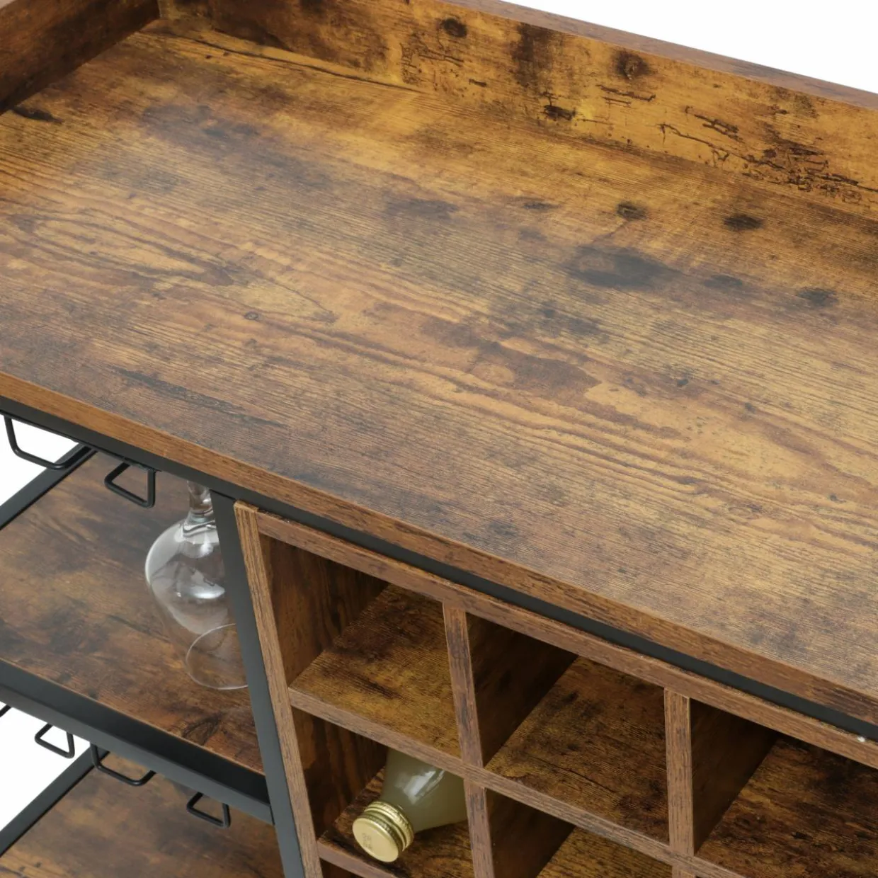 Meuble range-bouteilles industriel 18 emplacements et porte-verres (H82 cm) Paul Marron