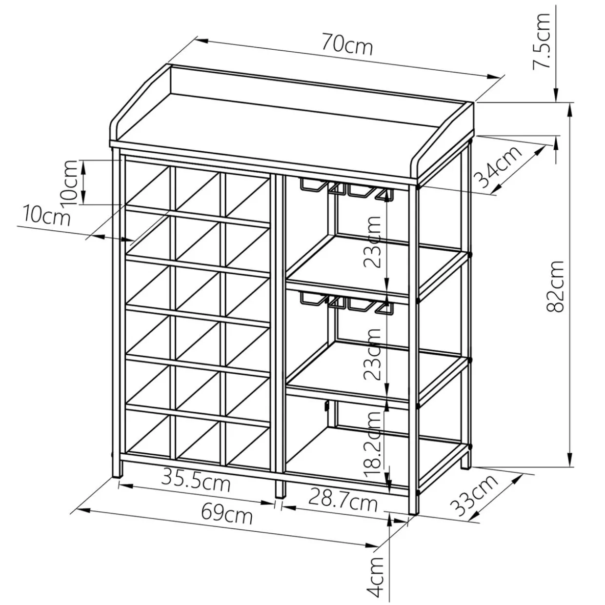 Meuble range-bouteilles industriel 18 emplacements et porte-verres (H82 cm) Paul Marron