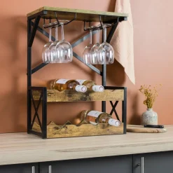 Meuble range-bouteilles industriel 8 emplacements et porte-verres (H56 cm) Tiago Noir