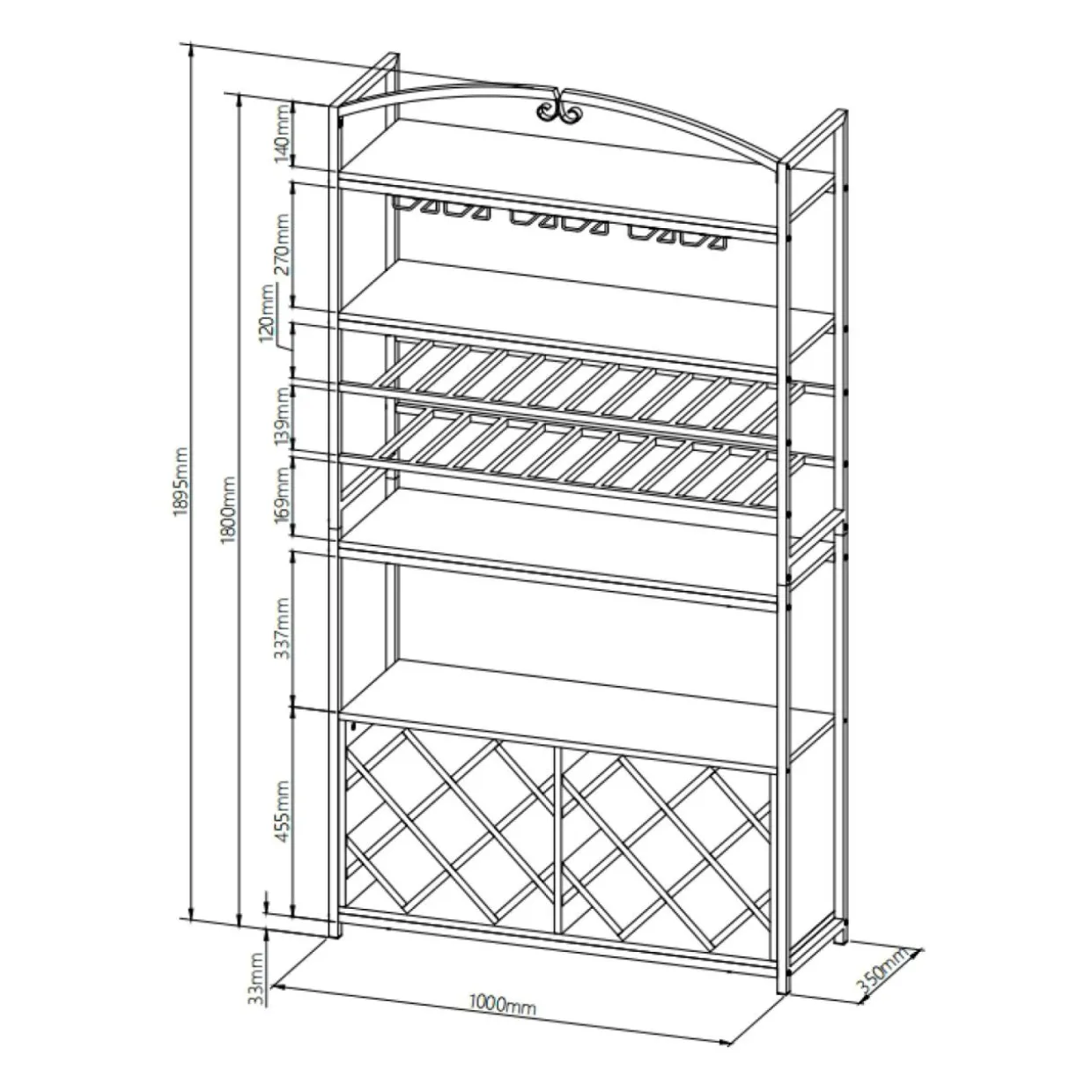 Meuble range-bouteilles industriel 32 emplacements et porte-verres (H180 cm) Marceau Marron