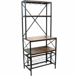 Meuble range-bouteilles industriel 10 emplacements et porte-verres (H178 cm) Léon Marron