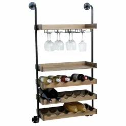 Meuble range-bouteilles mural bois et métal 18 emplacements et porte-verres (H120 cm) Isaac Marron