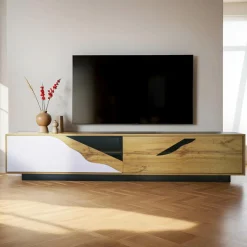 Meuble TV en bois design (L180 x 40 cm) Florida Blanc, noir et naturel