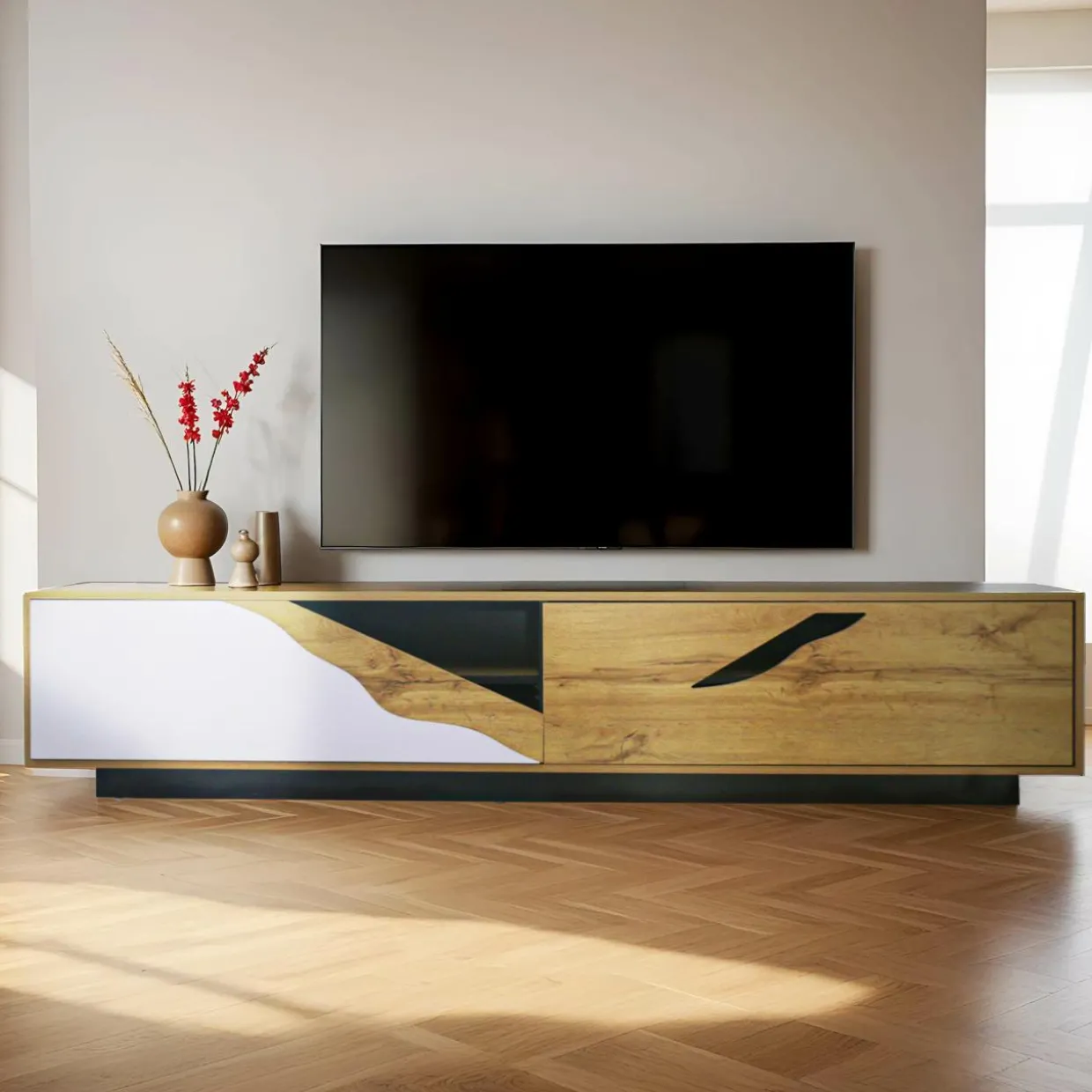 Meuble TV en bois design (L180 x 40 cm) Florida Blanc, noir et naturel