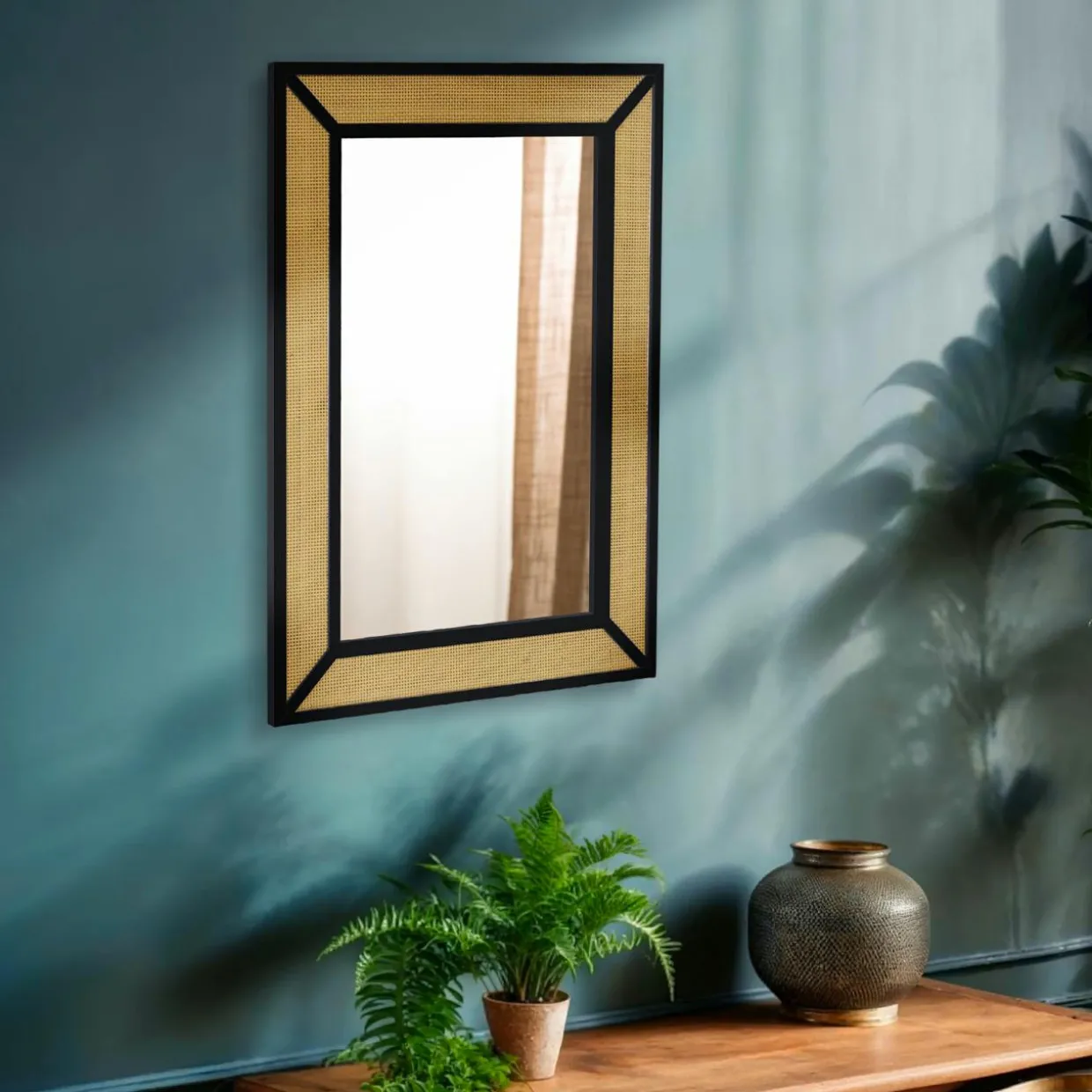 Miroir mural en métal (H101 cm) Cannage Naturel et noir