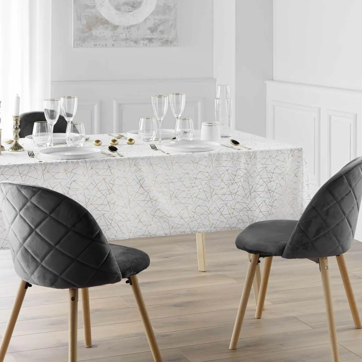 Nappe de Noël rectangulaire anti tache (140 x 240 cm) Mikado Blanc et doré