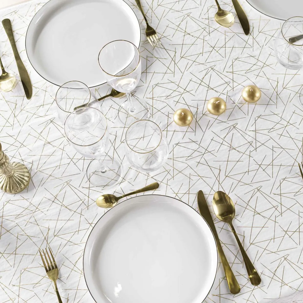 Nappe de Noël rectangulaire anti tache (140 x 240 cm) Mikado Blanc et doré