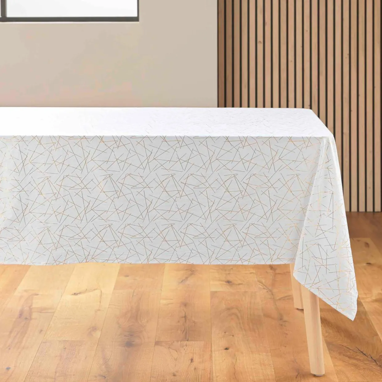 Nappe de Noël rectangulaire anti tache (140 x 240 cm) Mikado Blanc et doré