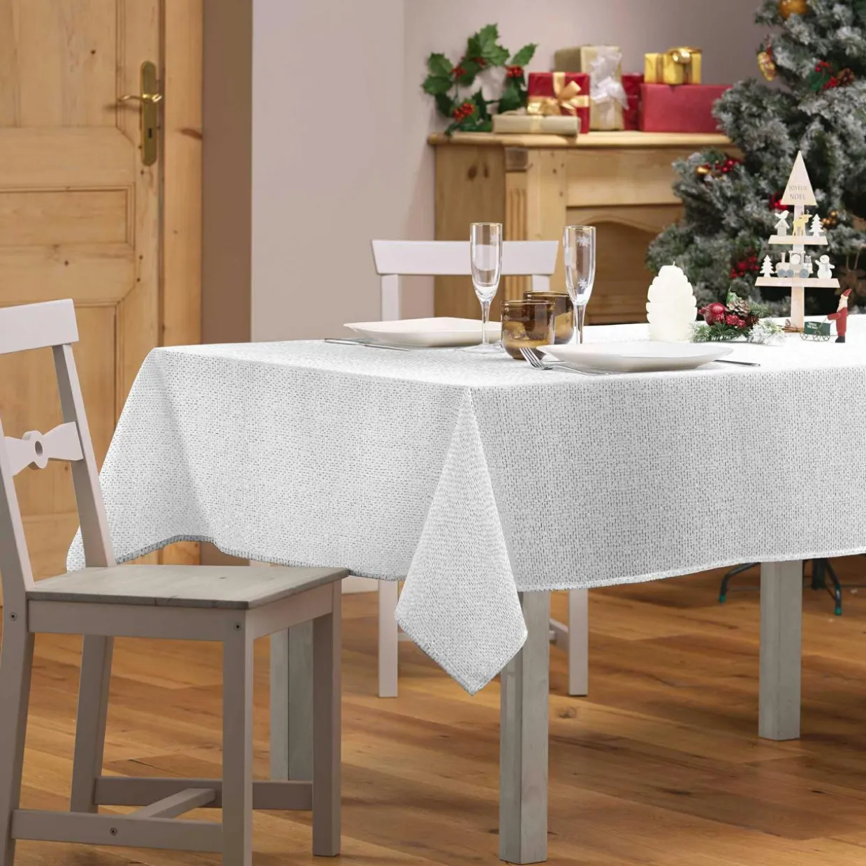 Nappe de Noël rectangulaire (140 x 240 cm) Strass Argent
