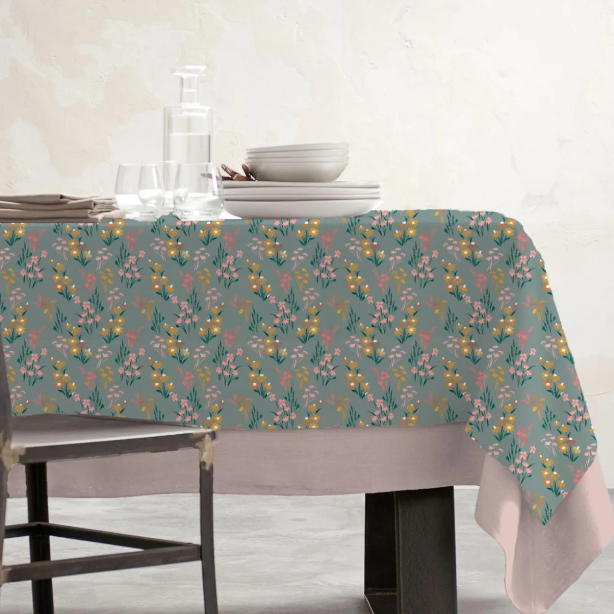 Nappe rectangulaire coton enduit (150 x 250 cm) Juliette Vert eucalyptus