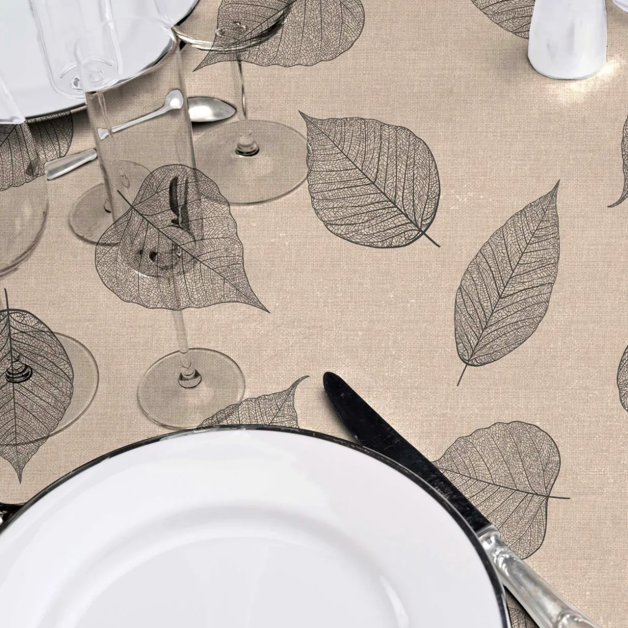 Nappe ronde enduite PVC (160 cm) Feuillys Beige