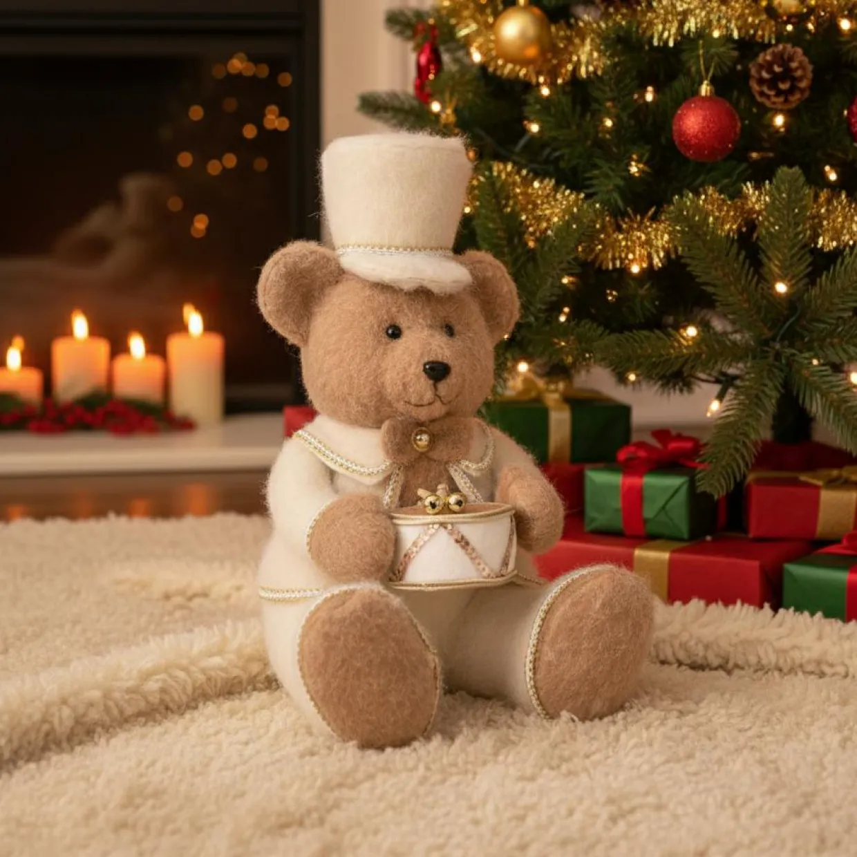 Ours de Noël assis (H41 cm) Tambour d'or Crème