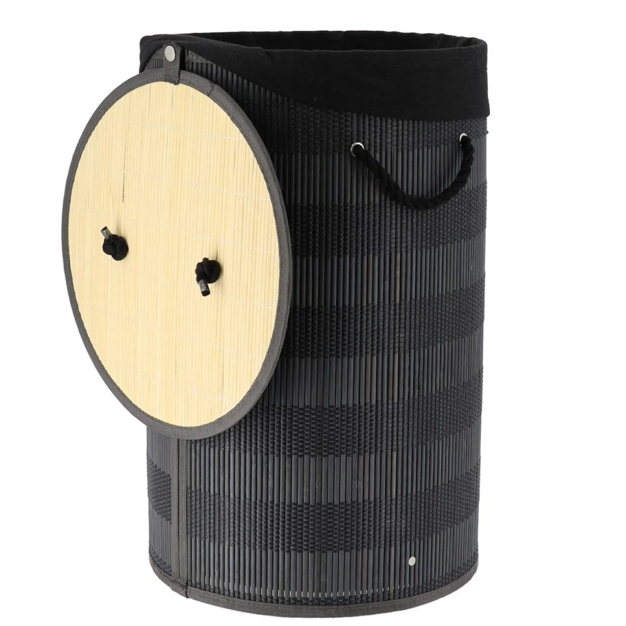 Panier à linge rond et pliable (H55 cm) Bambou Noir et gris