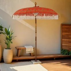 Parasol de jardin rond à franges (D2 m) Jaipur Rouge et dorure