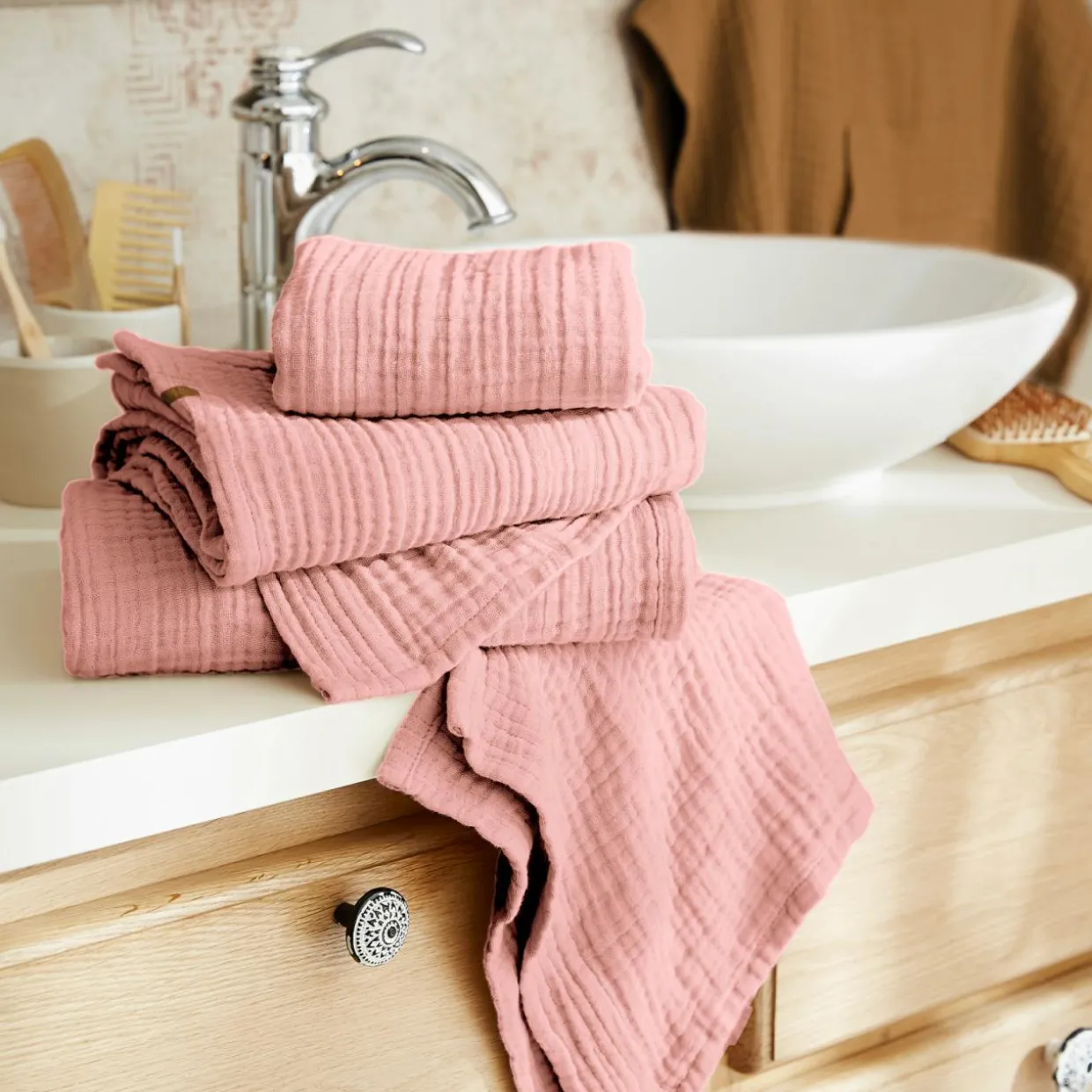 Peignoir de bain gaze de coton S/M Gaïa Rose pêche