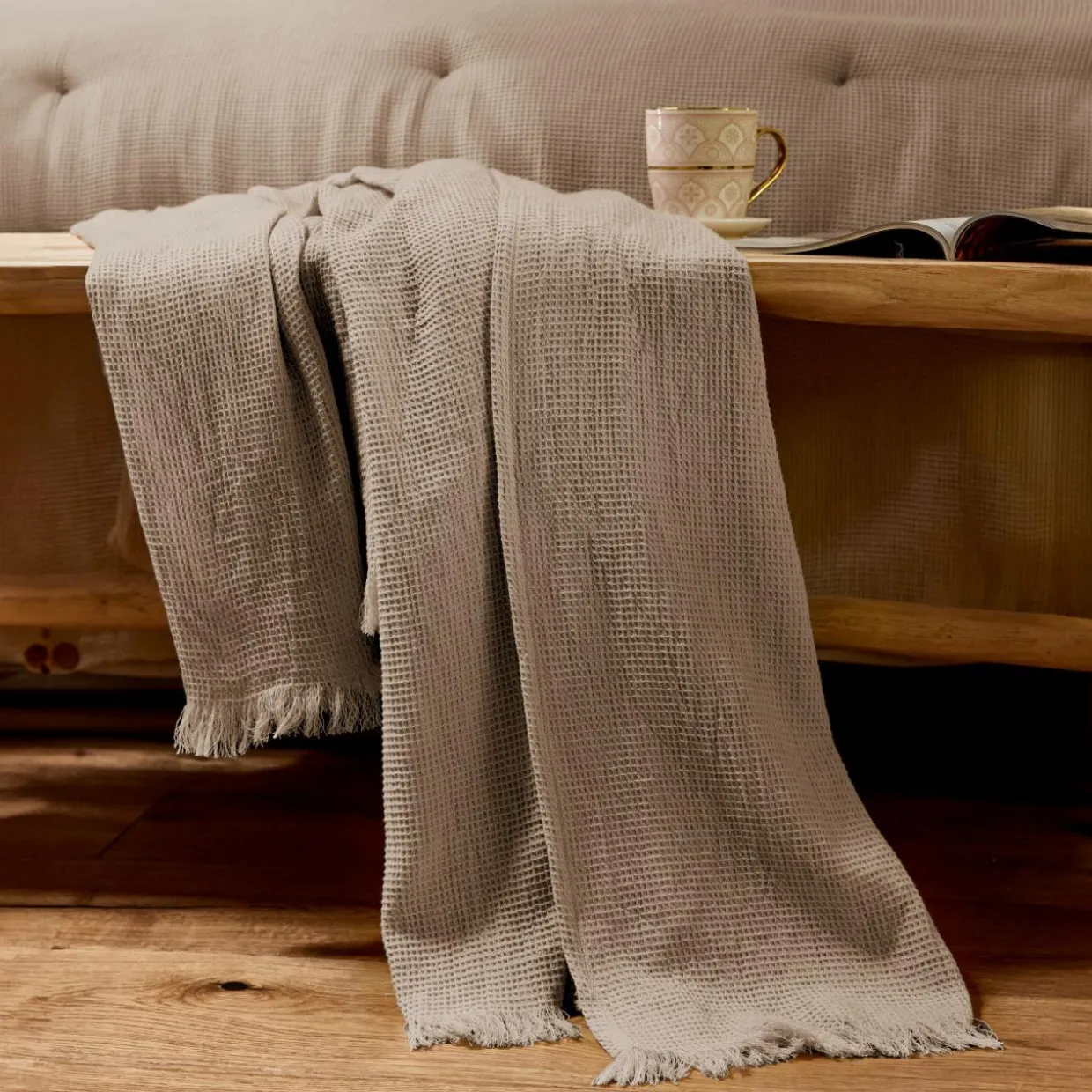 Plaid coton nid d'abeille (180 x 220 cm) Eva Ficelle