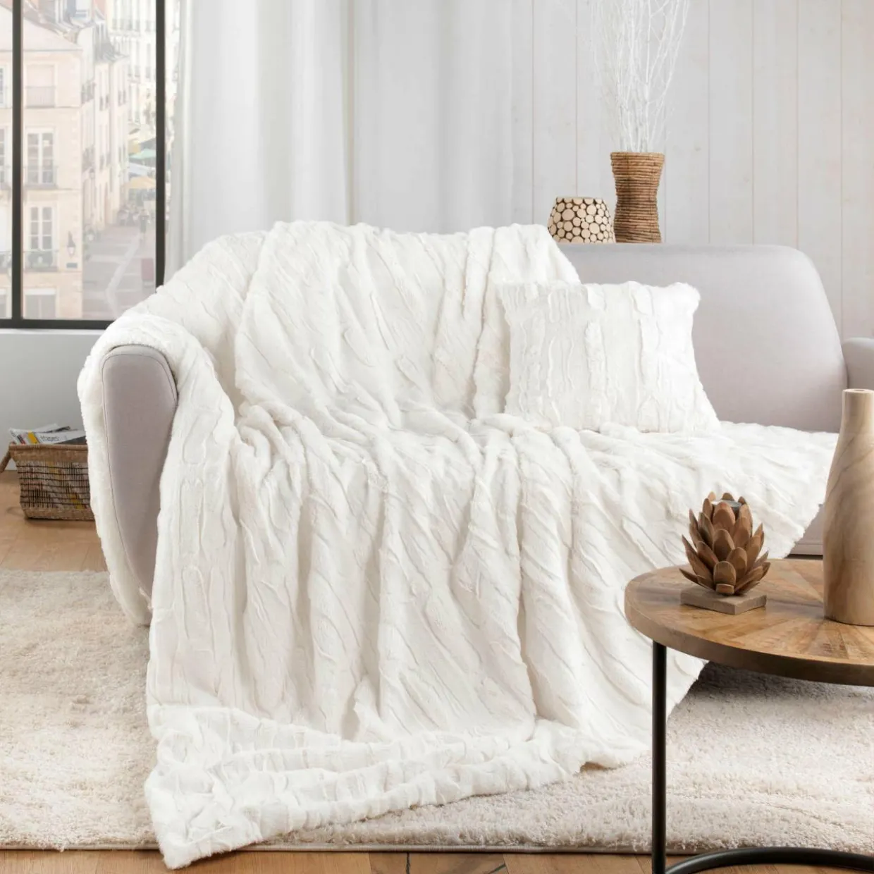 Plaid fausse fourrure (125 x 150 cm) Foxy Ecru