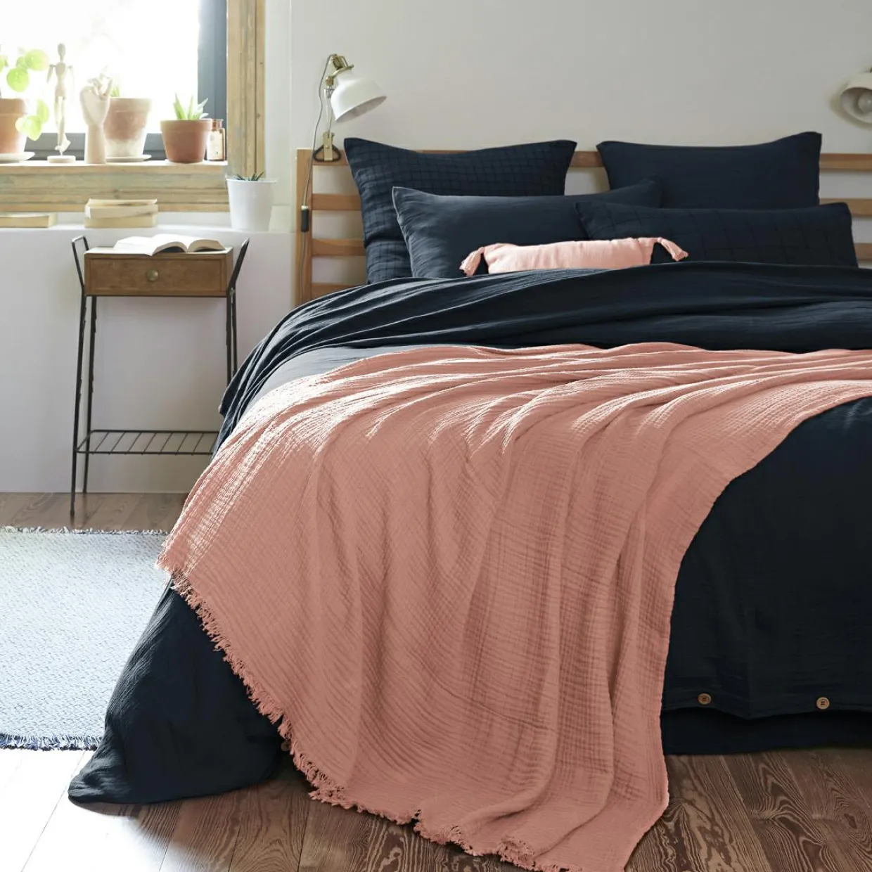 Plaid gaze de coton (180 x 220 cm) Gaïa Rose pêche