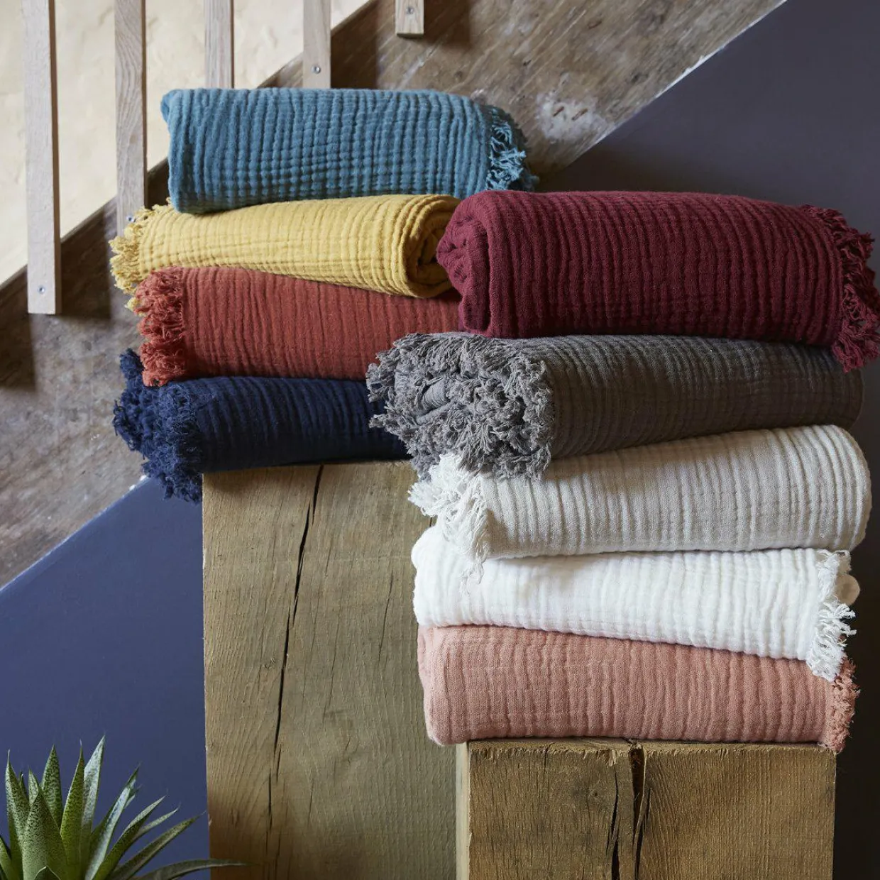 Plaid gaze de coton (180 x 220 cm) Gaïa Rose pêche