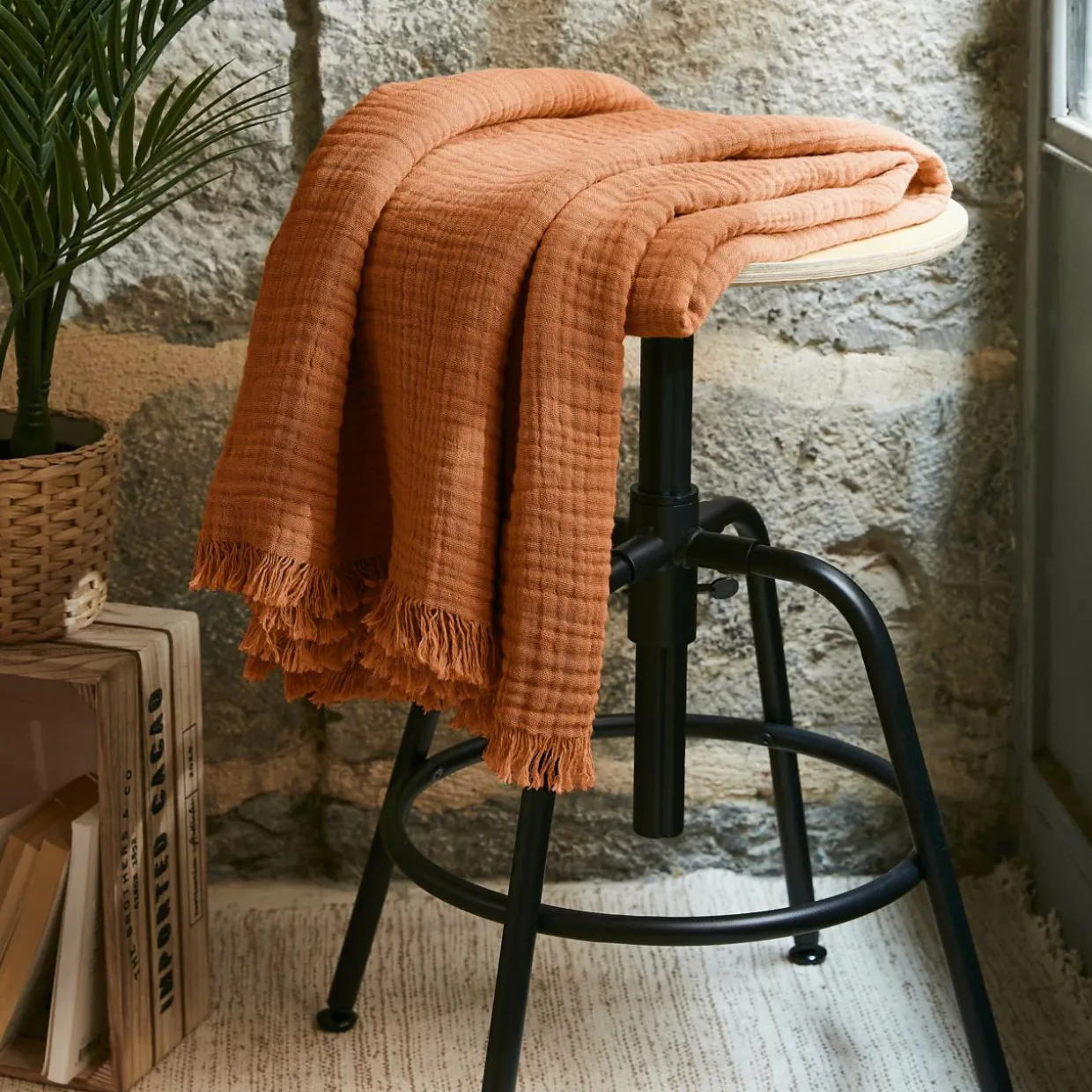 Plaid gaze de coton (130 x 160 cm) Gaïa Abricot