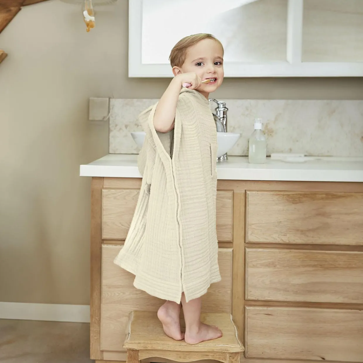 Poncho de bain enfant gaze de coton 6/10 ans Gaïa Beige pampa