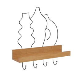 Porte-clé mural avec étagère en bois (42 cm) Design Noir et naturel