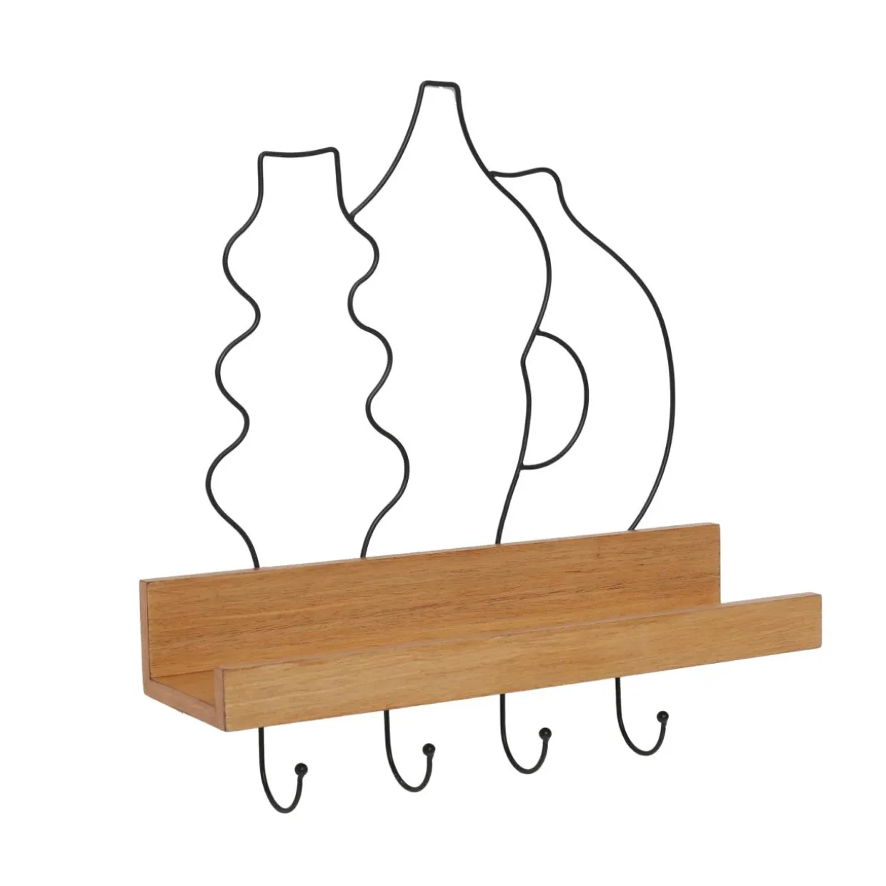 Porte-clé mural avec étagère en bois (42 cm) Design Noir et naturel