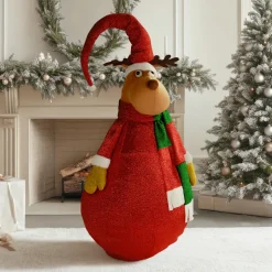 Renne lumineux à piles (H140 cm) Pliable Rouge pailleté