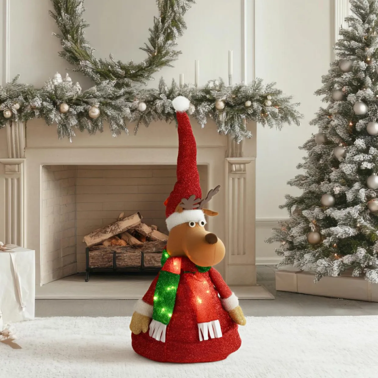 Renne lumineux à piles (H140 cm) Pliable Rouge pailleté