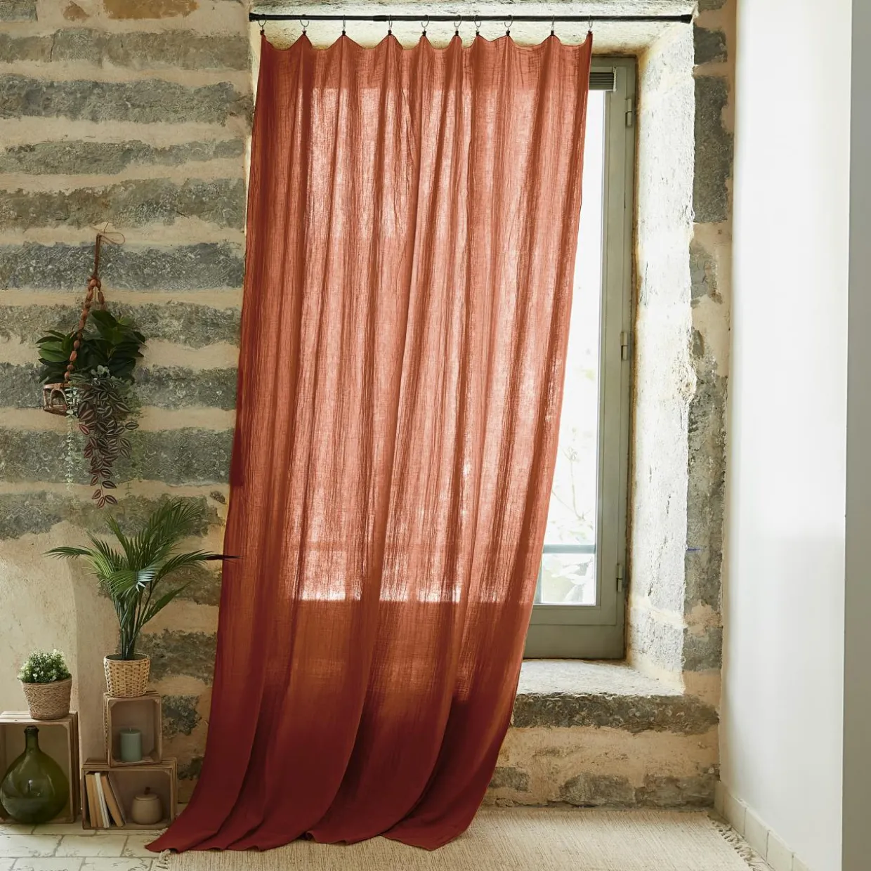 Rideau gaze de coton ajustable (180 x max 300 cm) Gaïa Terracotta